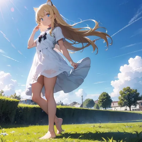 a cat eared blond blue eyes girl is standing on the grass with barefoot under the blue sky.