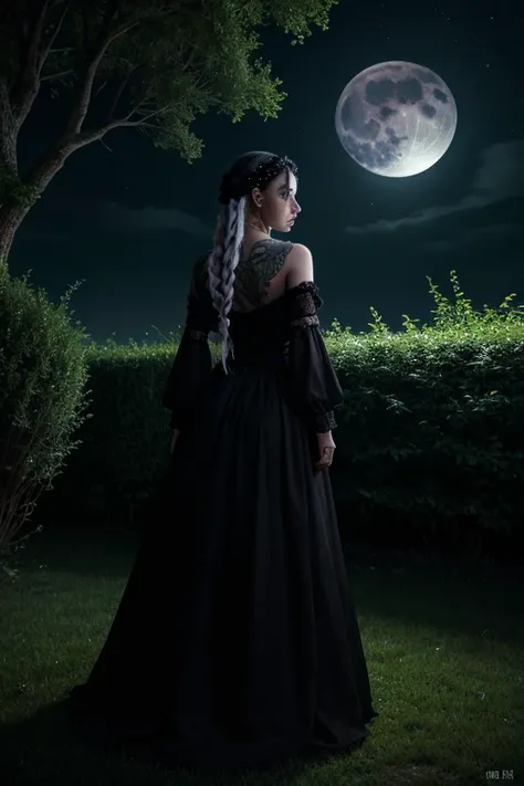 A woman with white and loose hair, some braids, purple eyes, black clothing, a moon accessory on the forehead, numerous tattoos, a gothic and mysterious air.([woman], [white and loose hair], [braids], [purple eyes], [black clothing], [moon accessory on the...