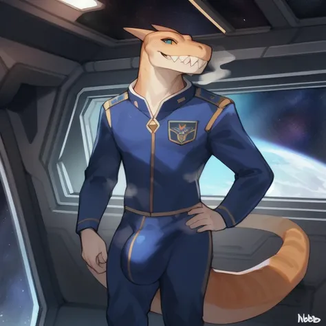 Solo, male, standing, blue military uniform, space, spaceship, window, reptilian, slim, tall, huge, big bulge, by bebebebebe, smirking, smug expression, big tail, thick tail, evil grin, steam, sweat, large chin, massive jaws, thick neck, strong lower jaw, ...