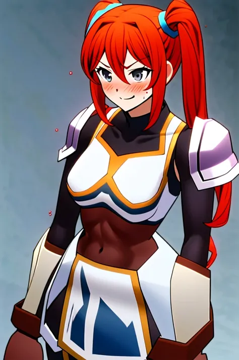 twintail, red hair, 1girl, (grey eyes:1.5), well toned, well built, muscled, toned muscles, blushing, sweating, smiling, armor, ...