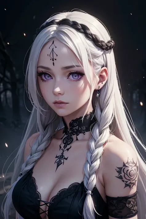 a woman with white and loose hair, some braids, purple eyes, black clothing, a moon accessory on the forehead, numerous tattoos,...