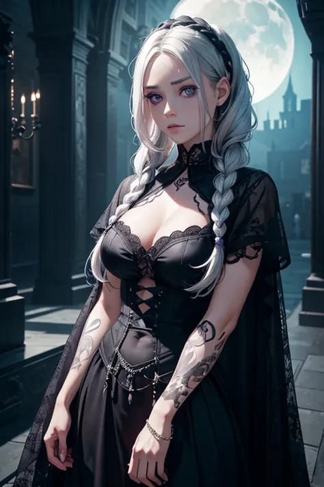 a woman with white and loose hair, some braids, purple eyes, black clothing, a moon accessory on the forehead, numerous tattoos,...