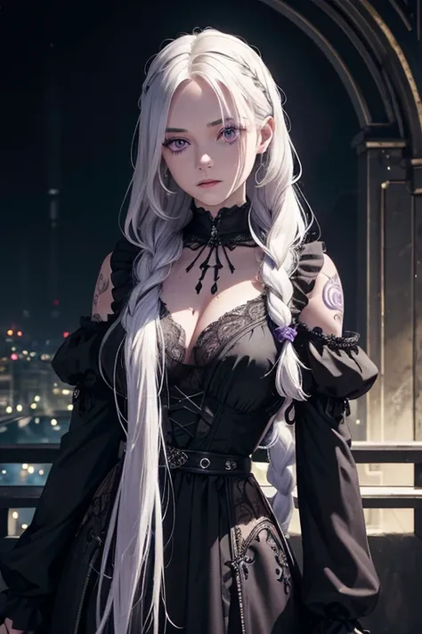 a woman with white and loose hair, some braids, purple eyes, black clothing, a moon accessory on the forehead, numerous tattoos,...