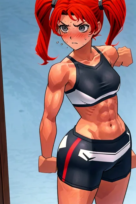 twintail, red hair, 1girl, (grey eyes:1.5), well toned, well built, muscled, toned muscles, blushing, sweating, wearing a sports...