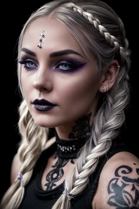 A woman with white and loose hair, some braids, purple eyes, black clothing, a moon accessory on the forehead, numerous tattoos, a gothic and mysterious air.([woman], [white and loose hair], [braids], [purple eyes], [black clothing], [moon accessory on the...