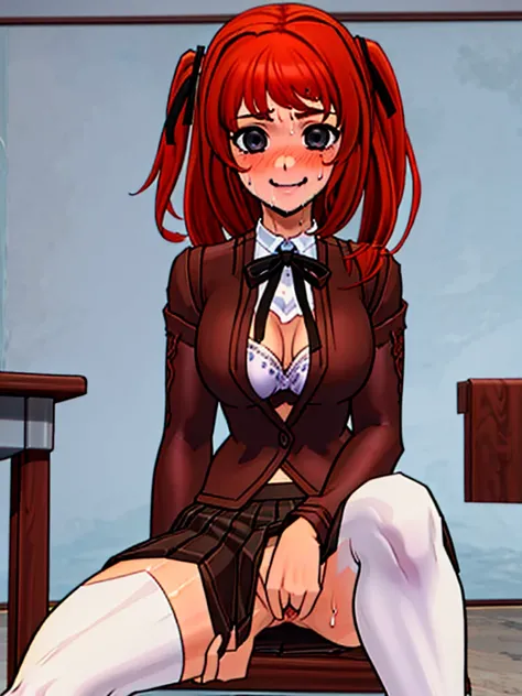 Twintail, red haired, 1girl, (grey eyes1.2), well toned, well built, muscled, toned muscles, (masterpiece), best quality, highres, solo, ribbon, white ribbon, hair ribbon, brown jacket, jacket, long sleeves, smiling, indoors, classroom background, standing...