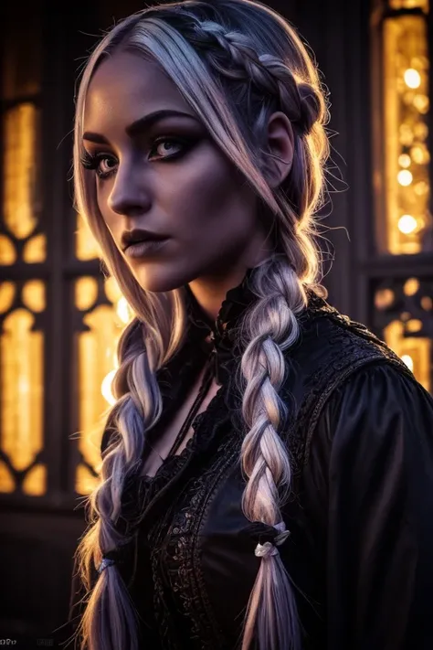 A woman with white and loose hair, some braids, purple eyes, black clothing, a moon accessory on the forehead, numerous tattoos, a gothic and mysterious air.([woman], [white and loose hair], [braids], [purple eyes], [black clothing], [moon accessory on the...