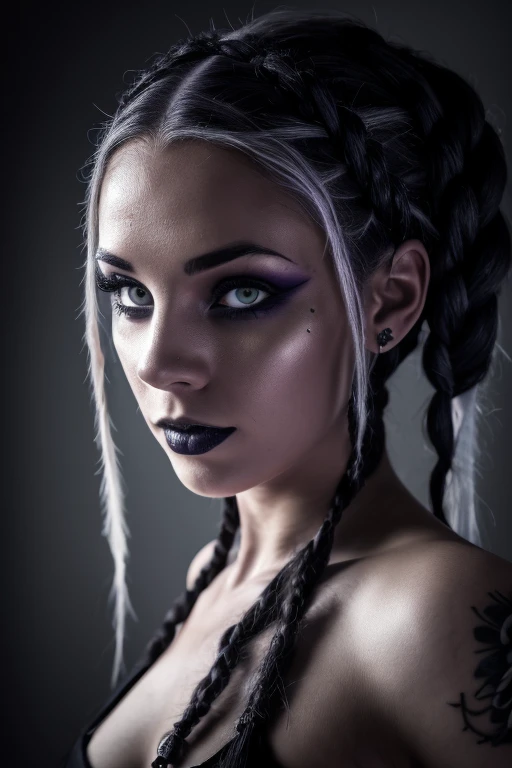 A woman with white and loose hair, some braids, purple eyes, black clothing, a moon accessory on the forehead, numerous tattoos, a gothic and mysterious air.([woman], [white and loose hair], [braids], [purple eyes], [black clothing], [moon accessory on the...