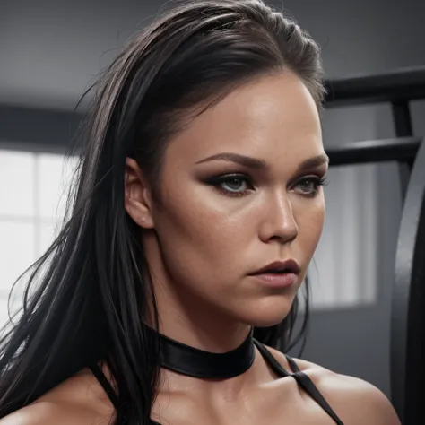 Photo realistic 1 ronda rousey. Dark eyebrow makeup, black eyeliner, dark eye shadow, high detailed cheeck makeup, detailed dark lipstick, full face makeup, natural breats, clean shaved pussy, moding in a gym,