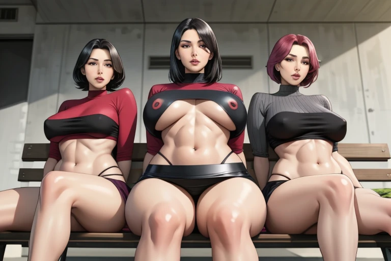 3 mature women, gigantic breasts, microskirt, cropped tops, underboob, fullbody shot, sitting on bench, leg apart, front view from below