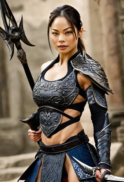 Kristin Kreuk, (best quality), detailed background, oriental nobless,warrior girl, athletic physique, shredded abs, bicep veins, heavily muscled legs, combat arts,holding halberd,oni, monster army
