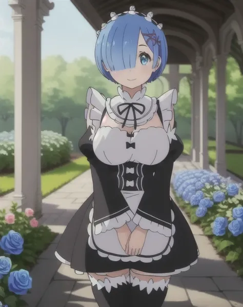 masterpiece, best quality, ultra-detailed, illustration, epic lighting, cinematic composition, colorful, anime, 2d, (finely detailed beautiful eyes: 1.2), 1girl, rem_(re:zero), cute, big breasts, huge ass, huge breasts, huge thighs, narrow waist, wide hips...