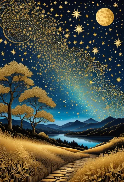 (best quality, highres, ultra sharp), gold tones, stars full sky, zentangle lanscape, Gold Leaf Art