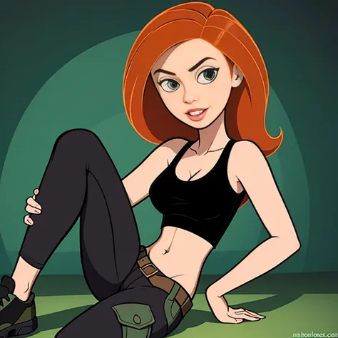 masterpiece, best quality, detailed face, kim possible, black tank top, midriff, cleavage, posing, cargo pants, black shoes, red...