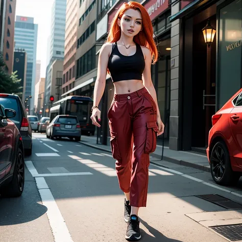 masterpiece, best quality, detailed face, kim possible, black tank top, midriff, cleavage, walking, cargo pants, black shoes, re...