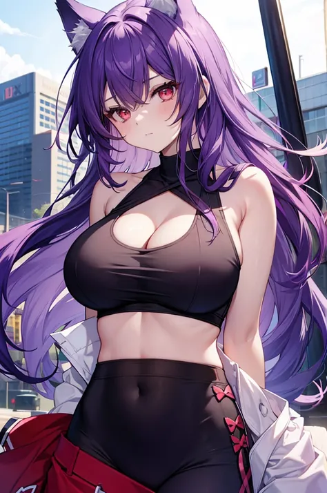 fox girl, big breasts, purple hair, masterpiece , red eyes, hd, Head to Chest, buried in my chest、underboob、Tank top