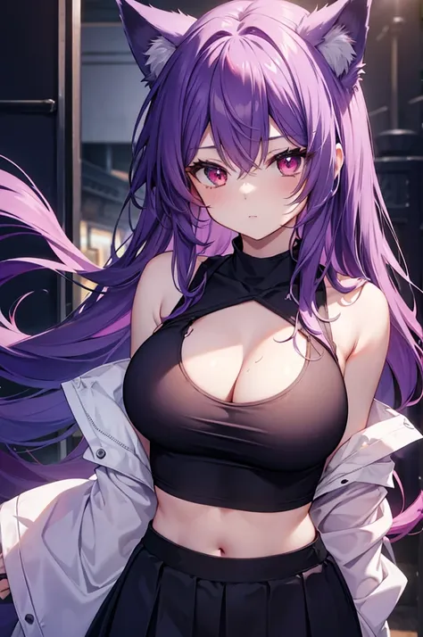 fox girl, big breasts, purple hair, masterpiece , red eyes, hd, Head to Chest, buried in my chest、underboob、Tank top