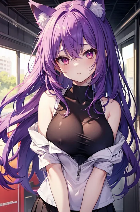 fox girl, big breasts, purple hair, masterpiece , red eyes, hd, Head to Chest, buried in my chest、underboob、Tank top