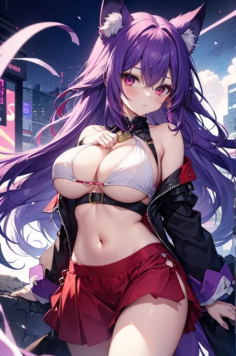 fox girl, big breasts, purple hair, masterpiece , red eyes, hd, Head to Chest, buried in my chest、underboob、Cameez