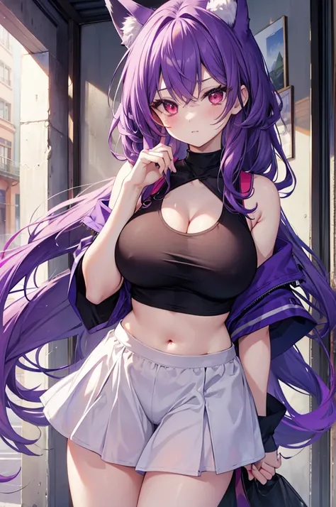 fox girl, big breasts, purple hair, masterpiece , red eyes, hd, Head to Chest, buried in my chest、underboob、Tank top