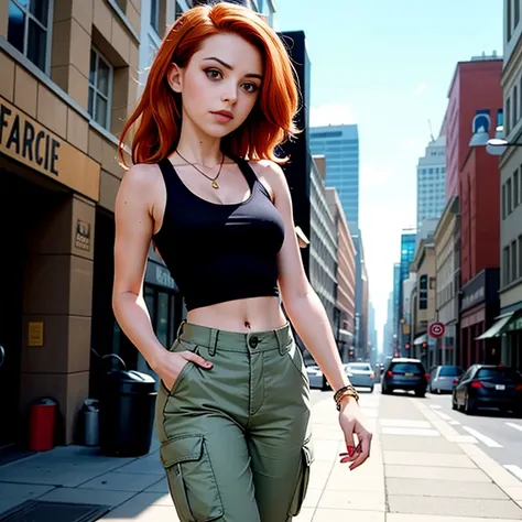 masterpiece, best quality, detailed face, kim possible, black tank top, midriff, cleavage, walking, cargo pants, black shoes, re...