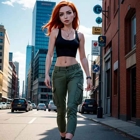 masterpiece, best quality, detailed face, kim possible, black tank top, midriff, cleavage, walking, cargo pants, black shoes, re...