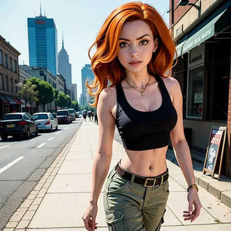 masterpiece, best quality, detailed face, kim possible, black tank top, midriff, cleavage, walking, cargo pants, black shoes, re...