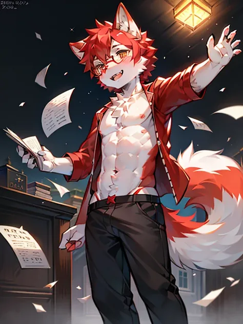 wear glasses,Red hair all over the body, male wolf,short hair, Bright Eyes,The eyes are gray，With black bow，white belly，The tip of the tail is white，Meatballs Pink,hairy,hairy male ,male focus,Hana Charcoal,(Full body fur, hairy尾巴, red fur,),long canine te...