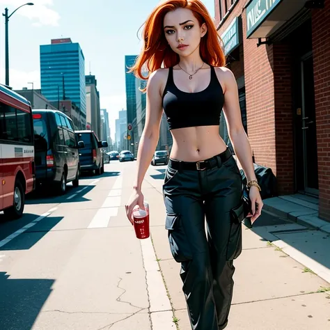 masterpiece, best quality, detailed face, kim possible, black tank top, midriff, cleavage, walking, cargo pants, black shoes, re...