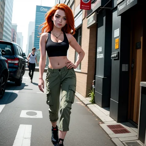 masterpiece, best quality, detailed face, kim possible, black tank top, midriff, cleavage, walking, cargo pants, black shoes, re...