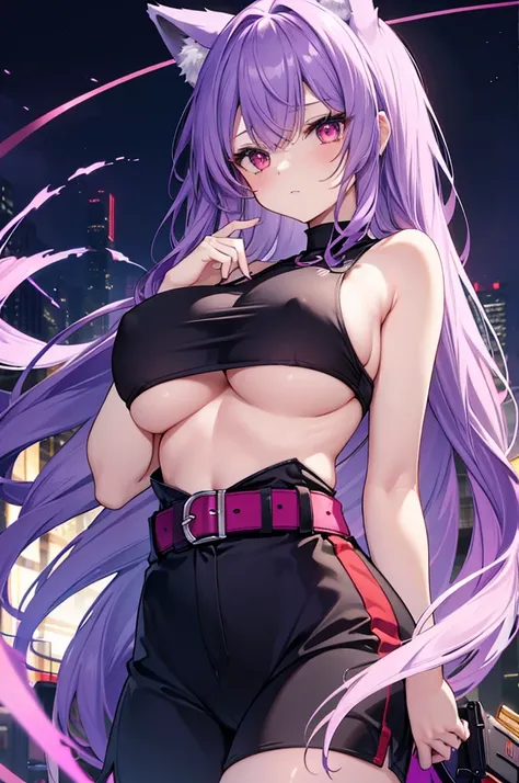 fox girl, big breasts, purple hair, masterpiece , red eyes, hd, Head to Chest, buried in my chest、underboob、Tank top