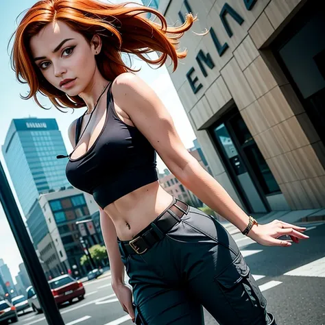 masterpiece, best quality, close up, detailed face, kim possible, black tank top, midriff, cleavage, walking, cargo pants, black...