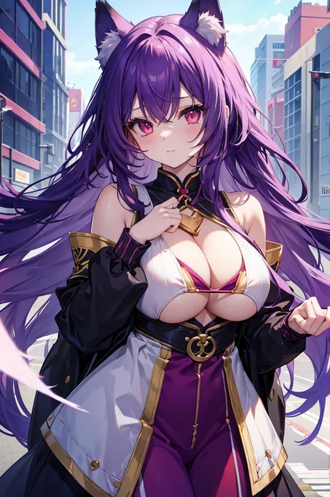 fox girl, big breasts, purple hair, masterpiece , red eyes, hd, Head to Chest, buried in my chest、underboob