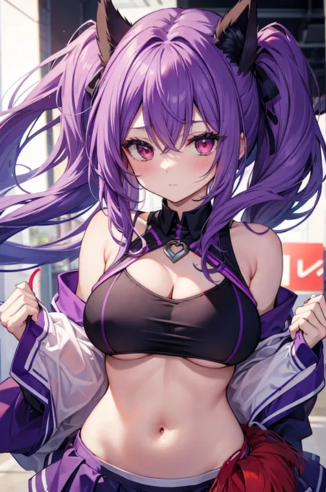 fox girl, big breasts, Voluminous purple hair, masterpiece , red eyes, hd, Head to Chest, buried in my chest、underboob、Cheerleader