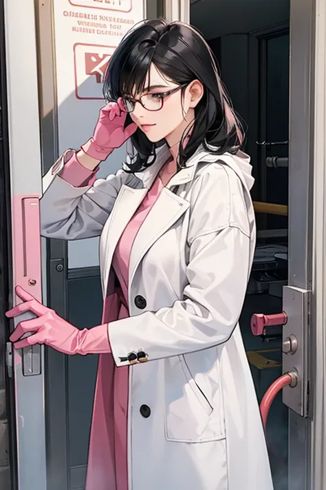 A mature woman with black hair and glasses wearing a white coat and pink rubber gloves washing the windows of a school building with a hose