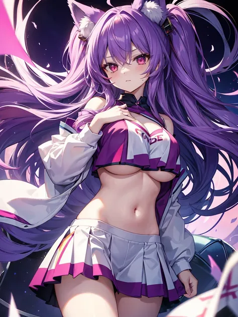 fox girl, big breasts, Voluminous purple hair, masterpiece , red eyes, hd, Head to Chest, buried in my chest、underboob、Cheerleader