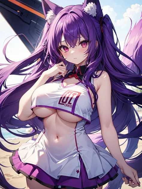 fox girl, big breasts, Voluminous purple hair, masterpiece , red eyes, hd, Head to Chest, buried in my chest、underboob、Cheerleader