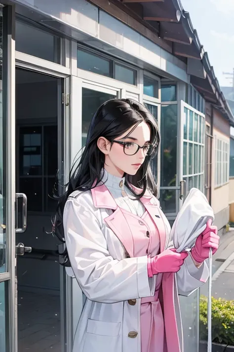 A mature woman with black hair and glasses wearing a white coat and pink rubber gloves washing the windows of a school building with a hose