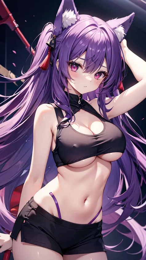 fox girl, big breasts, Voluminous purple hair, masterpiece , red eyes, hd, Head to Chest, buried in my chest、underboob、Tank top