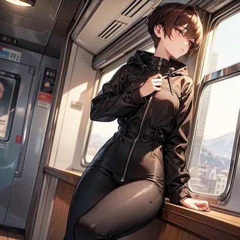 masterpiece、delicate details、On a city train、headphone、Slender beauty、tall、slim、I like the style、small breasts、Sharp Eyes、older sister、pixie cut、long side、short nape、Oversized zip-up mountain parka、Tight skinny pants、Thick-soled boots、Reddish brown hair、