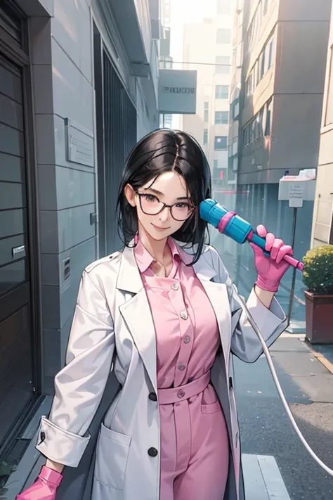 A mature female health insurance doctor with black hair and glasses in a white coat washing the windows of a school building while wearing pink rubber gloves and spraying water from a hose with a gentle smile