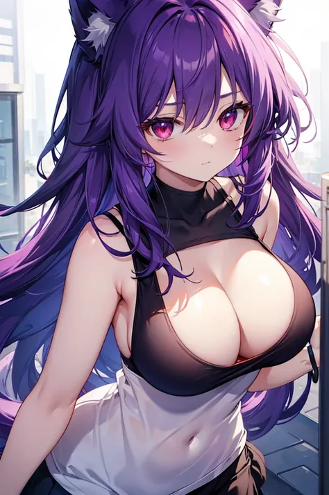 fox girl, big breasts, Voluminous purple hair, masterpiece , red eyes, hd, Head to Chest, buried in my chest、underboob、Tank top