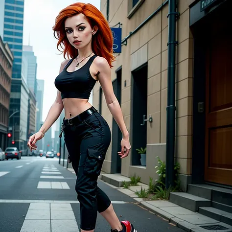 masterpiece, best quality, detailed face, kim possible, black tank top, midriff, cleavage, walking, cargo pants, black shoes, re...