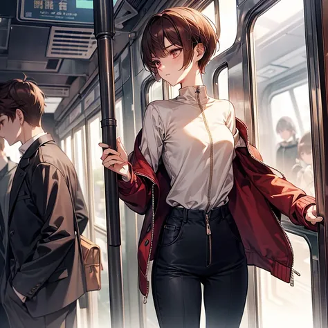 masterpiece、ephemeral、delicate details、On a city train、Slender beauty、Oversized zip-up jacket、skinny pants、tall、I like the style、small breasts、Sharp Eyes、cool beauty、older sister、pixie cut、short nape、Thick-soled boots、Reddish brown hair、