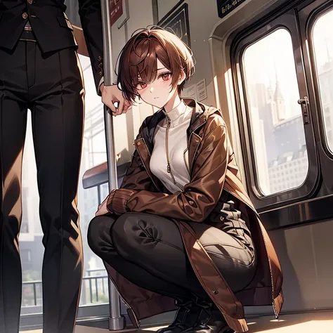 masterpiece、ephemeral、delicate details、On a city train、Slender beauty、Men&#39;s oversized zip-up jacket、skinny pants、tall、I like the style、small breasts、Sharp Eyes、cool beauty、older sister、pixie cut、short nape、Thick-soled boots、Reddish brown hair、