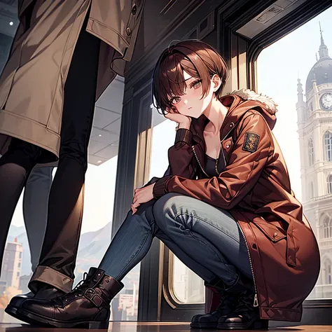 masterpiece、delicate details、On a city train、Slender beauty、Wearing an oversized mountain parka zipped up、skinny pants、tall、I like the style、small breasts、Sharp Eyes、cool beauty、older sister、pixie cut、short nape、Thick-soled boots、Reddish brown hair、