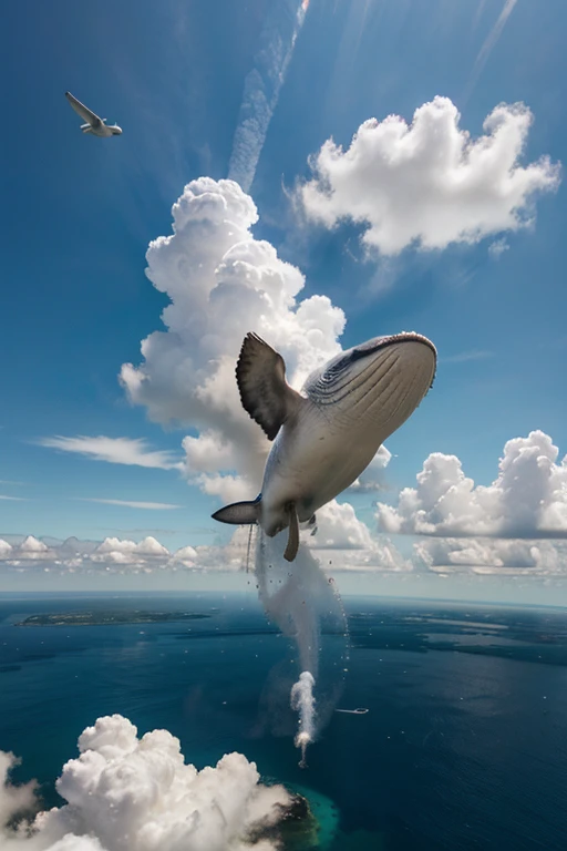 n awe-inspiring painting of a majestic cloud whale soaring gracefully through the sky. The whales body is made of fluffy white clouds, and its eyes are two bright blue pools of water. Its tail is a swirling vortex of clouds, creating a sense of movement an...