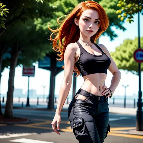 masterpiece, best quality, detailed face, kim possible, black tank top, midriff, cleavage, perfect hands, walking, cargo pants, ...