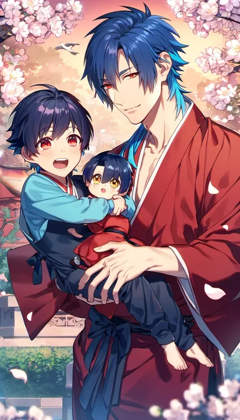 absurdres, highres, ultra detailed, HDR, masterpiece, Koujaku, dark navy hair that is short and a little chopped at the top, expressive red eyes, Dramatical Murder, Seragaki Aoba, blue hair, expressive golden eyes, 2 men together, carrying a cute little bo...