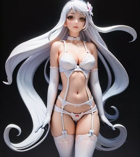 (lace, lace-trim, white elbow gloves, white bow bra, white thighhighs, bare shoulders, thighs, underwear only, bow panties, white choker, g-string, thong:1.4), cleavage, (orange eyes, long white hair, swept bangs, messy hair:1.4), (pink lips, hair flower, ...